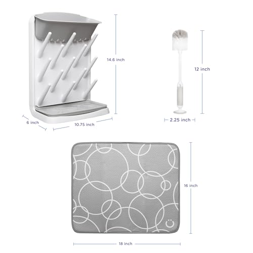 Ubbi Vertical Spacing Saving Bottle Drying Rack with 13 Pegs, 2-in-1 Bottle Brush & Microfiber Drying Mat Bundle, Newborn Baby Essentials, Baby Registry Must Haves, New Parent Gifts, Gray - color: Gray Bottle Drying Rack, Bottle Brush & Drying Mat Bundle