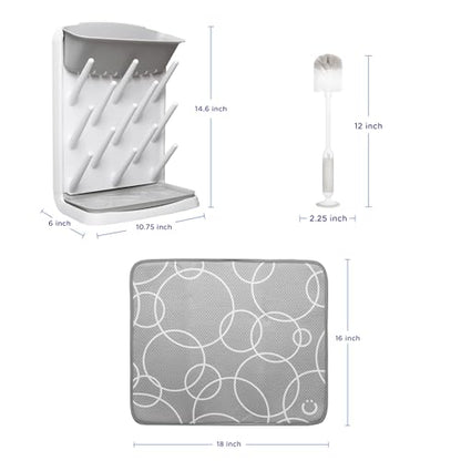 Ubbi Vertical Spacing Saving Bottle Drying Rack with 13 Pegs, 2-in-1 Bottle Brush & Microfiber Drying Mat Bundle, Newborn Baby Essentials, Baby Registry Must Haves, New Parent Gifts, Gray - color: Gray Bottle Drying Rack, Bottle Brush & Drying Mat Bundle