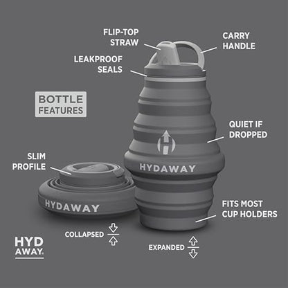 HYDAWAY 17oz Collapsible Water Bottle - BPA-Free, Leakproof, Lightweight, and Space-Saving - Perfect for Travel, Hiking, and Everyday Hydration - color: Basalt