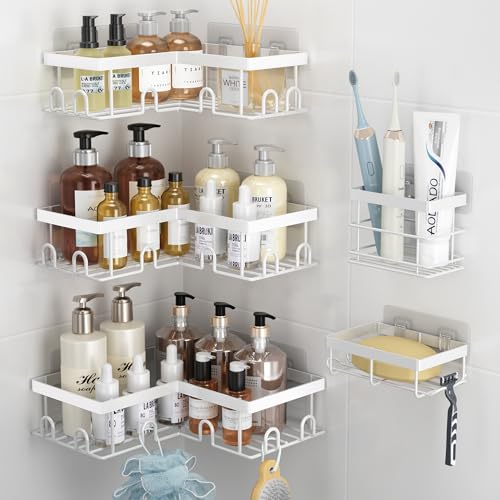 Liuoud Corner Shower Caddy 5 Pack, Rustproof Stainless Steel Shower Organizer with Soap Rack Toothbrush Holder, Large Capacity Adhesive No Drilling Bathroom Kitchen&Home Decor Set, White - color: White