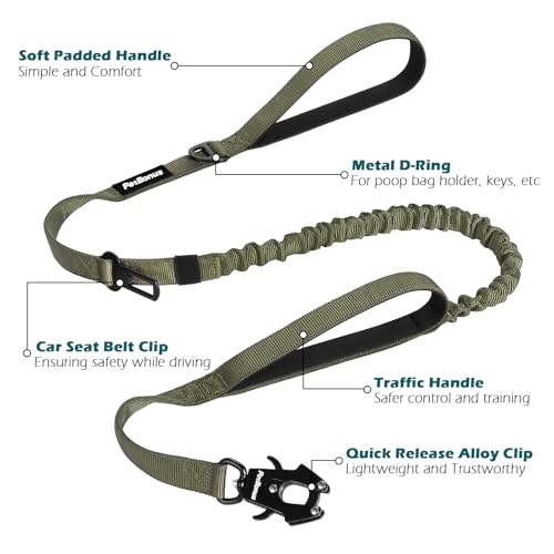 PetBonus Heavy Duty Tactical Dog Leash, 5 FT Bungee Shock Absorption Leash with 2 Padded Handles, Quick Release Metal Clip, Car Seatbelt, No Pull Training Lead for Large Medium Dogs（Army Green） - color: Army Green