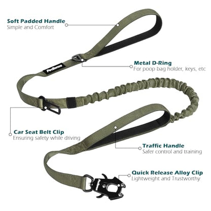 PetBonus Heavy Duty Tactical Dog Leash, 5 FT Bungee Shock Absorption Leash with 2 Padded Handles, Quick Release Metal Clip, Car Seatbelt, No Pull Training Lead for Large Medium Dogs（Army Green） - color: Army Green