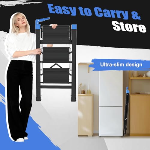 3 Step Ladder,Step Stool Foldable with Single-Handrail,Step Ladder with Anti-Slip Pedals for Home Kitchen Closet,Aluminum Sturdy Material,600lbs Max Load Capacity (Blue) - color: Blue, size: 3 steps