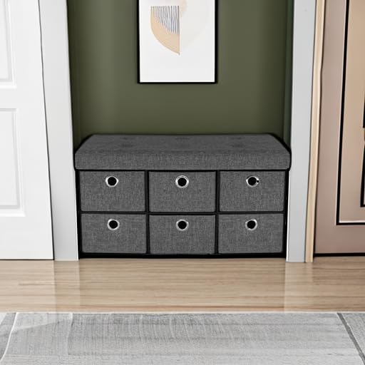 Sorbus Storage Bench Chest with Drawers – Collapsible Folding Bench Ottoman Includes Cover – Perfect for Entryway, Bedroom Bench, Cubby Drawer Footstool, Hope Chest, Faux Linen (Gray)
