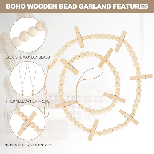 2 Pack Hanging Photo Display with Clips, Boho Wooden Bead Garland Wall Decor, Collage Picture Frame String with 9 Clips for Bedroom Living Room Dorm Office, Christmas Birthday Gifts for Teen Girls