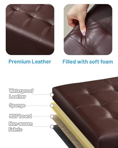 Bsketa Storage Ottoman Foot Rest Stool, Small Leather Storage Ottomans Bench, Folding Foot Stool with Handles Lid, Foot Rest Under Desk for Living Room Bedroom, 17x13x13 in, Brown - color: Brown-1 Pack