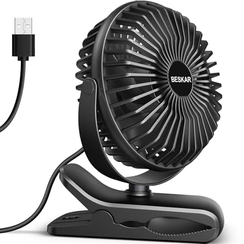 BESKAR Small Clip on Fan, 3 Speeds USB Fans with Strong Airflow, Clip & Desk Fans USB Plug in with Sturdy Clamp - Ultra Quiet operation for Office Dorm Bedroom Stroller - color: Dark Black