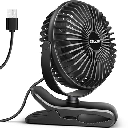 BESKAR Small Clip on Fan, 3 Speeds USB Fans with Strong Airflow, Clip & Desk Fans USB Plug in with Sturdy Clamp - Ultra Quiet operation for Office Dorm Bedroom Stroller - color: Dark Black