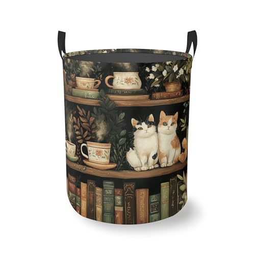 Cat Bookshelf Round Laundry Hamper Storage Basket Toys Clothes Organizer Bin For Home Bathroom Bedroom Dorm Nursery - color: Cat Bookshelf