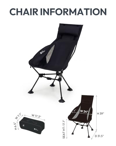 MOBI GARDEN High Back Camping Chair, 400lb Heavy Duty Portable Folding Chair with Adjustable Headrest, Ultralight Moon Chair with Universal Anti-Sinking Feet and Side Pocket for Beach, Hiking, Picnic
