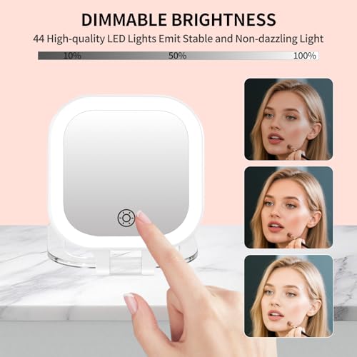 FUNTOUCH Rechargeable Travel Makeup Mirror, 30X/1X Rechargeable Double Sides Magnifying Mirror with 3 Light Settings & Adjustable Brightness,Compact Mirror with PU Bag Valentine's Day Gift, White - color: White-c