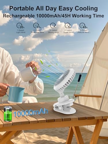 Portable Oscillating Desk Clip on Fan,10000mAh USB Rechargeable,Small Personal Fans,6-Inch Quiet,5Speed Strong Wind,Sturdy Clip,for Office/Bedroom/Room/Camping/Travel/Tent/Stroller.White