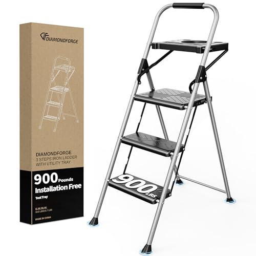 3 Step Ladder,DIAMONDFORGE Folding Step Stool with Tool Platform,Wide Anti-Slip Pedal and Anti-Slip Feet,Sturdiest Steel Construction,900lbs Capacity Steel Ladder for Home Office,Grey - color: Gray, size: 3 Step with Tool Platform