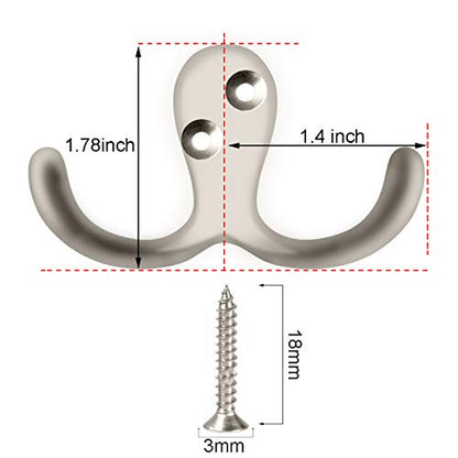IBosins 8 Pack Heavy Duty Double Prong Coat Hooks Wall Mounted with 16 Screws Retro Double Hooks Utility Hooks for Coat, Scarf, Bag, Towel, Key, Cap, Cup, Hat - color: 8 Pcs Silvery