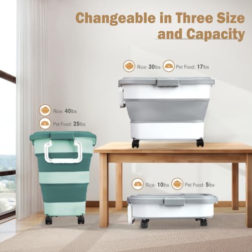 Komzon Rice Storage Container, Collapsible Airtight 10-40 Lb Rice Storage Container, 25lb Pet Dog Food Storage Container, Rice Dispenser Bin with Cup and Scoop for Flour Cereal Pasta Grain, Cat Bird - size: 15-40 Lbs