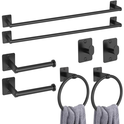 KLJKPA 8 Pieces Bathroom Hardware Set, 24 inch Towel Bar, Matte Black Bathroom Accessories Set, Towel Racks for Bathroom, Robe Towel Hooks, Toilet Paper Holder Wall Mounted - color: Black (8 Piece), size: 24 inch