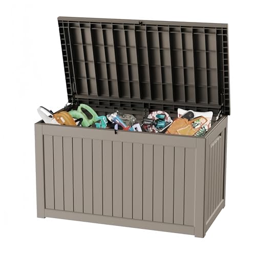 230 Gallon Deck Box, Waterproof Resin Outdoor Storage Box with Lockable Lid, Patio Storage Box with Fade Resistant for Patio Furniture Cushions, Pool Accessories, Garden Tools, Light Coffee - color: Light Coffee, size: 230 Gallon