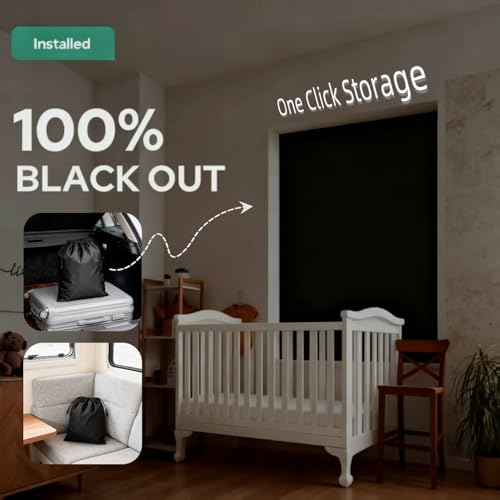 HOMEIDEAS 100% Travel Blackout Curtains, Portable No-Drill Blinds with Stickers & Suction Cups, Blackout Window Cover Light Blocking Shades for Bedroom, Baby Nursery, Dorm, RV, 50" W × 78" L