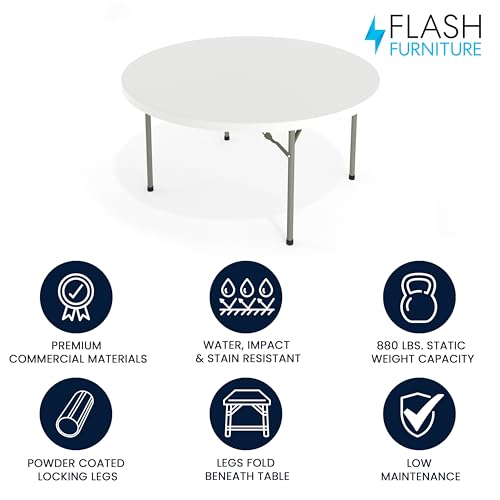 Flash Furniture 5' Round All-Occasion Plastic Folding Event Table for Parties and Trade Shows, Folding Banquet Table for Indoor/Outdoor Events, White - size: 5 Foot