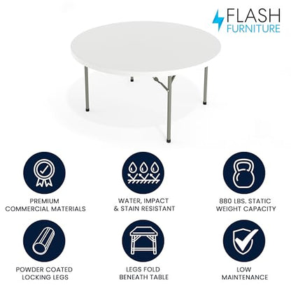 Flash Furniture 5' Round All-Occasion Plastic Folding Event Table for Parties and Trade Shows, Folding Banquet Table for Indoor/Outdoor Events, White - size: 5 Foot