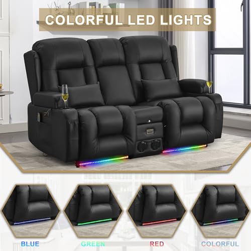 URRED Power Loveseat Recliner Sofa with Massage and Heat, Wall Hugger Reclining Loveseat with Console, RV Couch Home Theater Seating with LED Lights for Living Room (Black, 67" - 2 Seats) - color: Black, size: 67" - 2 Seats