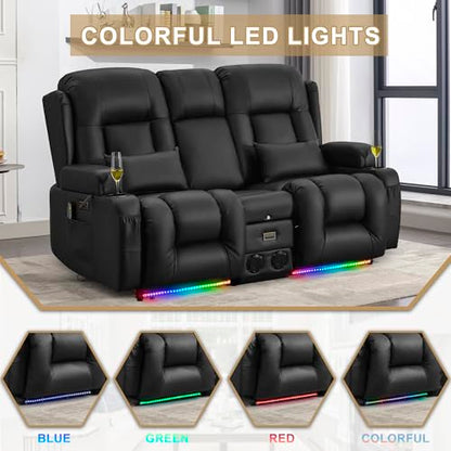 URRED Power Loveseat Recliner Sofa with Massage and Heat, Wall Hugger Reclining Loveseat with Console, RV Couch Home Theater Seating with LED Lights for Living Room (Black, 67" - 2 Seats) - color: Black, size: 67" - 2 Seats