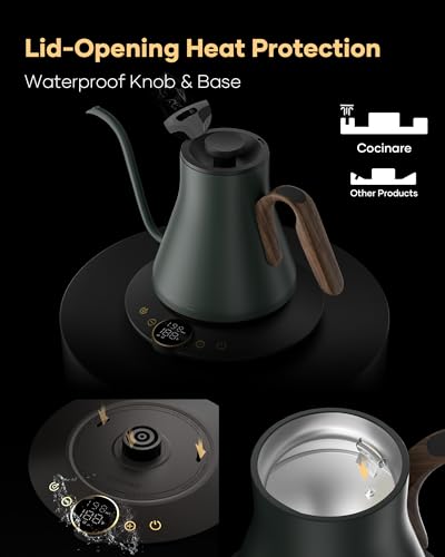 Cocinare Gooseneck Electric Kettle, ±1°F Precise Temperature Control, 1500W Fast Heating, Pour Over Coffee & Tea Kettle with Brew Timer & Keep Warm, Stainless Steel, 0.9L (Delacroix Green) - color: Delacroix Green