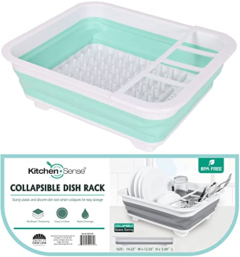 J&V TEXTILES Collapsible Dish Drying Rack - Popup for Easy Storage, Drain Water Directly into The Sink, Room for Eight Large Plates, Sectional Cutlery and Utensil Compartment, Compact (Blue) - color: Blue