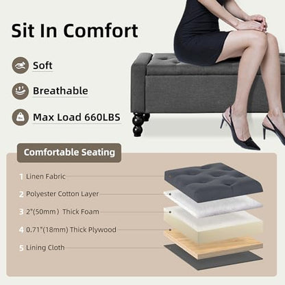 50" W Storage Ottoman Bench with Safety Hinge, Load up to 660 lb Ottoman with Storage, Upholstered Tufted Entryway Bench with Seating for Living Room, Bedroom, Entryway, Dark Gray - color: Dark Gray