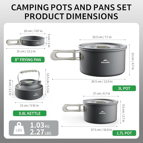 Naturehike Camping Cookware Set Mess Kit for Backpacking Gear, Camp Cooking Set, Camping Pots and Pans Set for Outdoor Backpacking Camping Hiking Picnic - color: 3L pot+8'' frying pan+1.7L pot+0.8L kettle