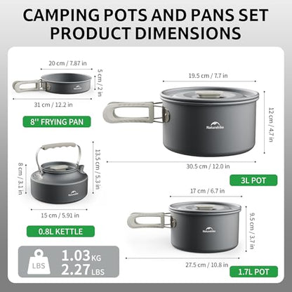 Naturehike Camping Cookware Set Mess Kit for Backpacking Gear, Camp Cooking Set, Camping Pots and Pans Set for Outdoor Backpacking Camping Hiking Picnic - color: 3L pot+8'' frying pan+1.7L pot+0.8L kettle