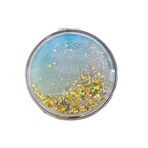 HSYHERE Super Beautiful Dreamy Star Sky Quicksand Moving Sand Small Mini Mirror Double-Sided Portable Compact Round Glitter Foldable Fashion Hand Makeup Portable Travel Pocket Mirror -Yellow - color: Yellow