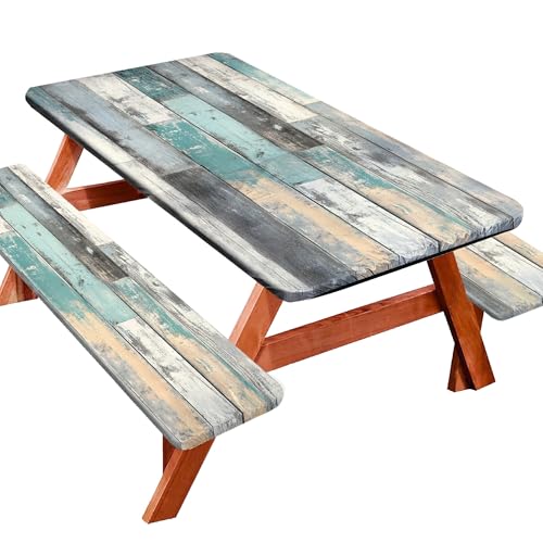 Picnic Table Cover with Bench Covers 72IN 6FT, Camping Essentials Tablecloth Waterproof Oilproof with elastic Edge for Indoor Outdoor Patio (Retro Wood Grain Blue) - color: Blue Vintage Wood Grain
