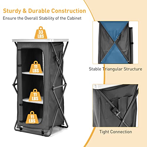Goplus Folding Camping Storage Cabinet, Pop Up Outdoor Camping Kitchen Station with Large 3-Tier Storage Organizer, Carry Bag, Easy Set Up Portable Compact Camping Table for BBQ Picnic Backyard (47'') - size: 47''