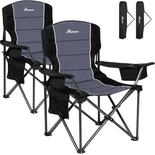 Romswi Oversized Camping Chairs,Heavy Duty Support 500 LBS,Padded Back & Arm Sport Chairs, Cup Holder Cooler Bag, Collapsible Folding Chairs for Outdoor, Fishing & Garden, Black,2-Pack - color: Black, style: XL Large