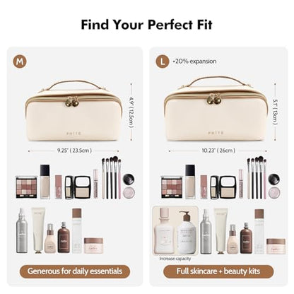 Prite Makeup Bag for Women Travel Waterproof Vegan Leather Cosmetic Bag Open Flat Toiletry Bag With Clear Divider and Handle (Beige, Large) - color: Beige, size: Large