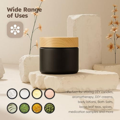 2 oz Matt Black Glass Jars with Lids, 3 Pack Small Glass Containers with Plastic Woodgrain Lids & Inner Liners, Empty Reusable Airtight Cosmetic Containers for Tea, Coffee, Creams, Lotion, Spice - color: Black