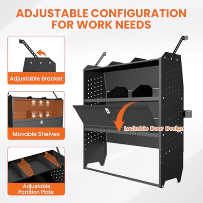 Adjustable Cargo Van Shelving with Lockable Door and Hooks, Heavy Duty Steel Storage 42" W x 46" H x 13" D, Fits Transit, ProMaster, Chevy Express, GMC Savana, Sprinter, Low/Mid/High Roof - size: 42" W x 46" H x 13" D