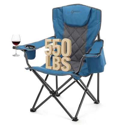 ARROWHEAD OUTDOOR Portable Deluxe Folding Camp Quad Chair w/Headrest, Glass & Cup Holders, Armest 6-can Cooler, Heavy Duty Carry Bag, 550 lbs Weight Capacity - color: Blue