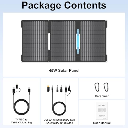 45W Portable Solar Panels Chargers with USB-C, USB-A and DC Outputs Foldable IP67 Waterproof Solar Panel for Camping,Power Emergency for Small Power Station,Phones, Power Banks - style: EP-45W