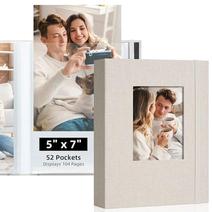 5x7 Photo Album, Slip In Fabric Cover Scrapbook with Front Window, Holds 104 Photos (52 Pockets), for Baby, Wedding, Travel, Beige - color: Beige, size: 52 Pockets