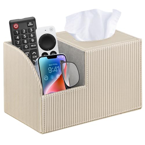 PU Leather Square Tissue Box Cover - Multi-Functional Tissue Box Holder, Tissue Box Cover with Storage,Tissue and Remote Control Holder, Cube Tissue Box Organizer Bedroom Nightstand End Table - color: Apricot