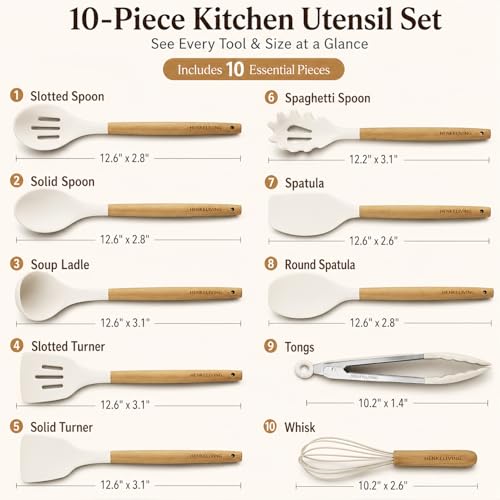 Silicone 10 Pcs Kitchen Cooking Utensils Set, Recycled Materials Certification, BPA Free Spatula Set with Heat Resistant Wood Handles for Nonstick Cookware, Cream White - color: CreamWhite