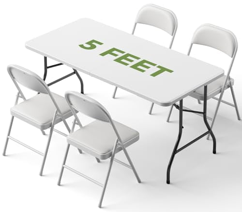 Folding Dining Table Set for 4, 5FT Foldable Plastic Table with Carrying Handle & 4 PU Leather Padded Folding Chairs, Portable Table and Chairs Set for Indoor Outdoor, Party, Wedding, Picnic, Camping - color: White, size: 5FT