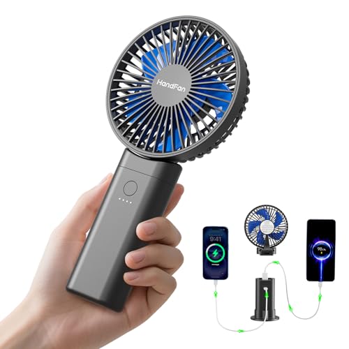 HandFan Upgraded 10,000 mAh Quiet Handheld Fan - 4.5 Inch Large Hand Held Fans Reahargeable, 180° Foldable Portable Fan [30 Working Hours] with Lanyard, Base for Disney/Travel/Concerts/Beach/Office - color: Blue‑Blade Black‑10000mAh