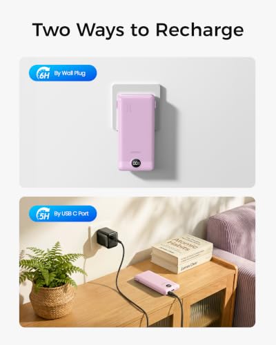 VEGER Portable Charger with Built-in AC Plug and Cables, All in One 10000mAh Ultra Slim Power Bank Travel Essentials, USB C External Battery Pack Compatible with iPhone, Samsung, More, Purple - color: E Purple