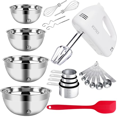 WEPSEN 5-Speed Electric Hand Mixer, 4 Large Mixing Bowls Set, Handheld Mixers with Whisks Beater, Stainless Steel Metal Nesting Bowl Measuring Cups Spoons Kitchen Cake Blender for Baking Supplies - color: Red