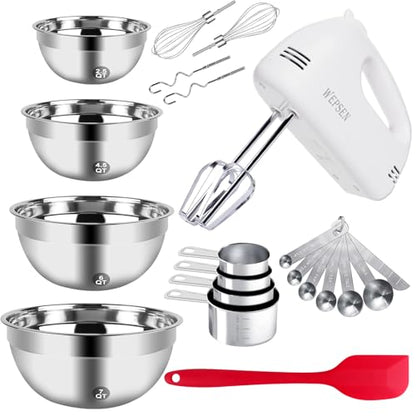WEPSEN 5-Speed Electric Hand Mixer, 4 Large Mixing Bowls Set, Handheld Mixers with Whisks Beater, Stainless Steel Metal Nesting Bowl Measuring Cups Spoons Kitchen Cake Blender for Baking Supplies - color: Red