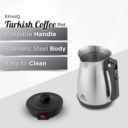 ETHNIQ Turkish Coffee Pot - Stainless Steel, 120V, 1 to 4 Cup Capacity, Coffee Maker with Foldable Handle for Home & Travel & on-off Button (Slow Brew) - color: Slow Brew