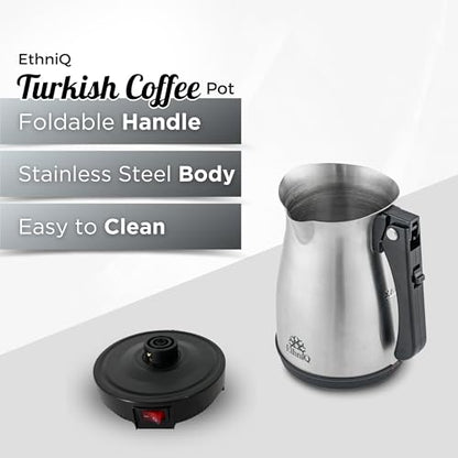 ETHNIQ Turkish Coffee Pot - Stainless Steel, 120V, 1 to 4 Cup Capacity, Coffee Maker with Foldable Handle for Home & Travel & on-off Button (Slow Brew) - color: Slow Brew